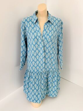 Zara The Carly Blue White Printed Button Up Flounce Mini Shirt Dress Size S